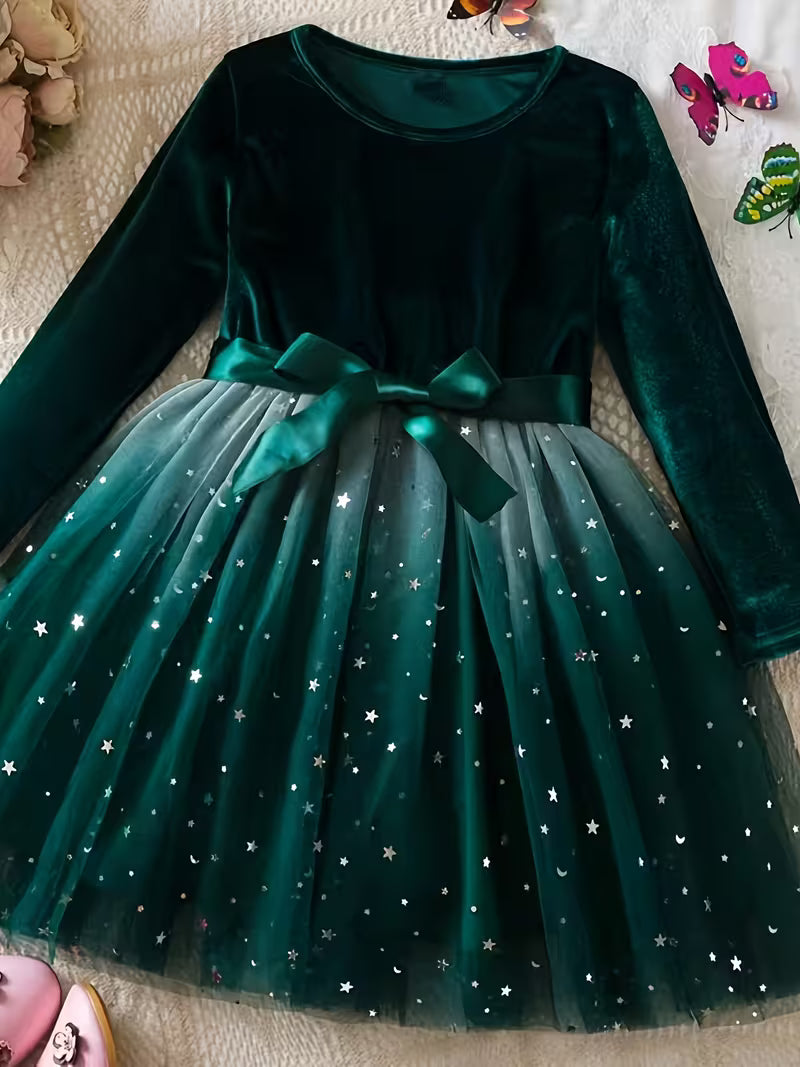 New Autumn And Winter Long-Sleeve Dress for Girls, Korean Style Star Gradient Tulle Princess Dress for Christmas