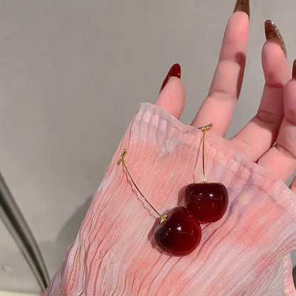 Elegant Burgundy Long Cherry Earrings for Women - Chic Resin & Alloy Fashion Accessory