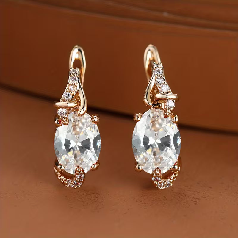 18K Gold Plated Blue Stone Stud Earrings Trendy Women Round Oval Cut White Blue Red Pink Stone Drop Earrings Anniversary Claw Earrings Jewelry