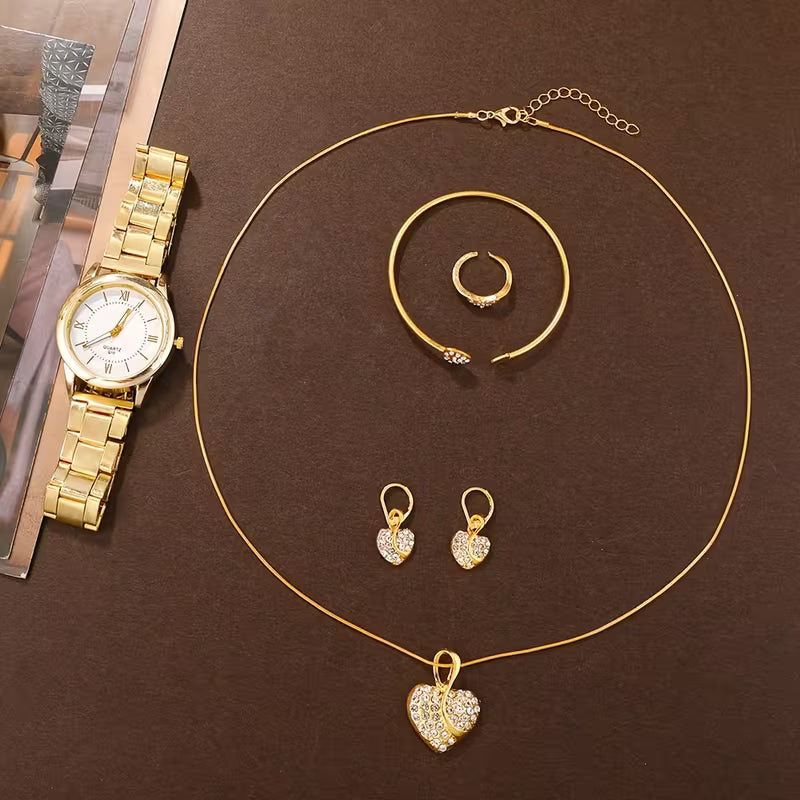 6pcs Women'S Stylish And Elegant Business Style Quartz Watch, Bracelet, Necklace, Earrings, And Ring Set (In an Opp Bag)