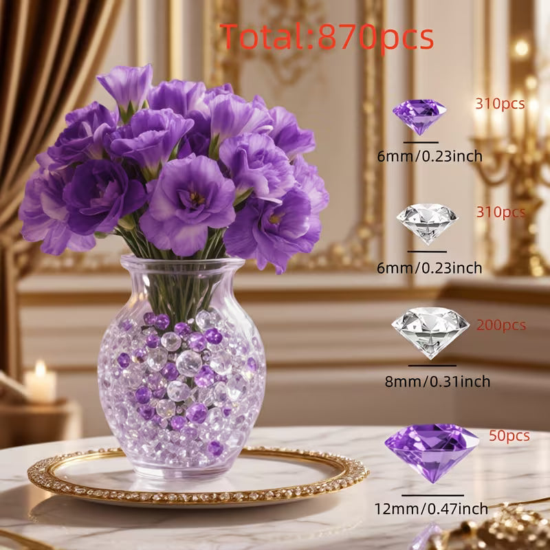 870pcs Purple Artificial Diamond Craft Crystals - Sparkling Crystal Vase Fillers for Weddings, Parties, and Home Decor - Elegant Centerpieces for Candle Holders, Table Settings, and Bridal Gifts, Candle Decorations, Party Centerpieces, Sparkling Crystal D