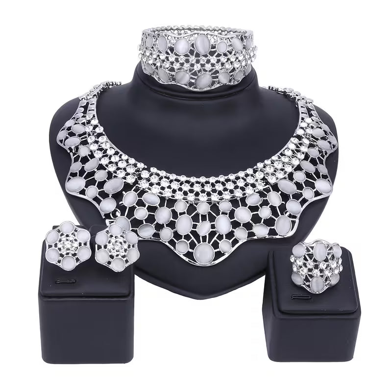 Elegant Jewelry Collection for Women Featuring Faux Cat'S Eye, Rhinestones, And a Golden Necklace, Earrings, Bangle, And Ring, Perfect for Banquets And Proms