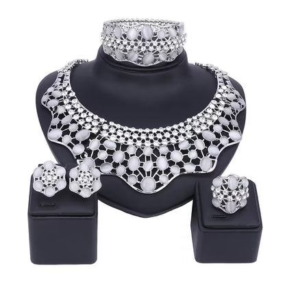 Elegant Jewelry Collection for Women Featuring Faux Cat'S Eye, Rhinestones, And a Golden Necklace, Earrings, Bangle, And Ring, Perfect for Banquets And Proms