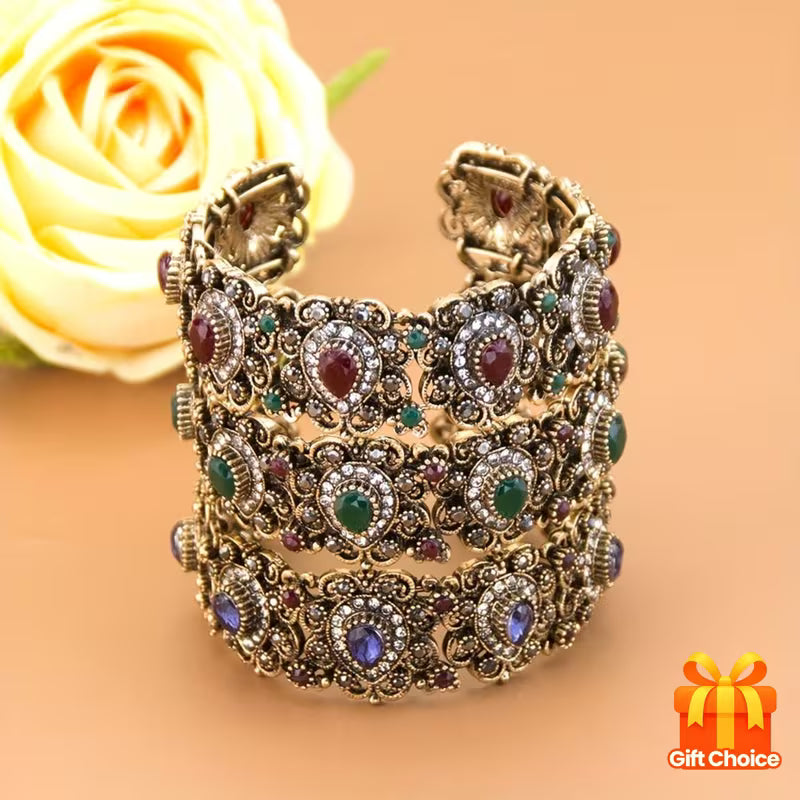 1pc Exquisite Vintage Turkish Women's Bracelet, C-Shape Design for Wrist Circumference Under 17cm & Diameter Below 5.4cm, Metal Arabic Pattern with Rhinestone Inlay, Middle Eastern Mediterranean Court Jewelry, Traditional European Wedding Bridal Accessory