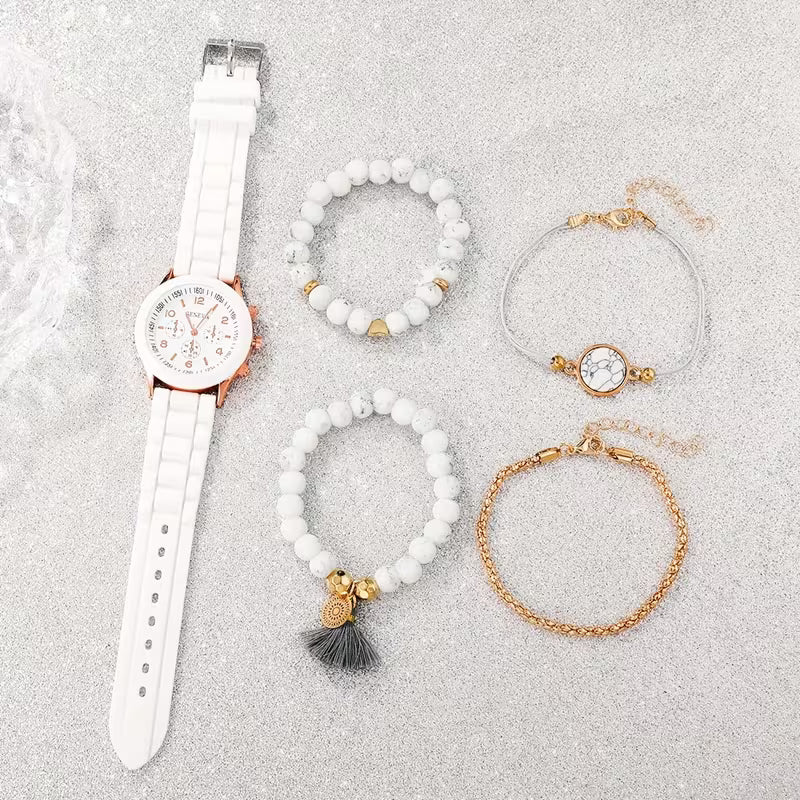5pcs Set Women's Quartz Watch & Bracelet Collection - Elegant Casual Analog Watch Set with Durable Silicone Strap, Matching Bracelets for Birthdays, Weddings, Christmas Gifts - Stylish Watch Set for Daily Wear & Special Occasions (for her)