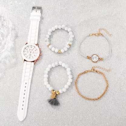 5pcs Set Women's Quartz Watch & Bracelet Collection - Elegant Casual Analog Watch Set with Durable Silicone Strap, Matching Bracelets for Birthdays, Weddings, Christmas Gifts - Stylish Watch Set for Daily Wear & Special Occasions (for her)