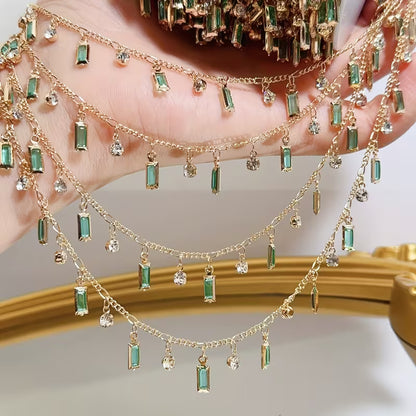 1 Meter Mint Green Rectangular Glass Pendant with Rhinestone Decoration, Copper Chain for Jewelry Making Additions, Jewelry Chain