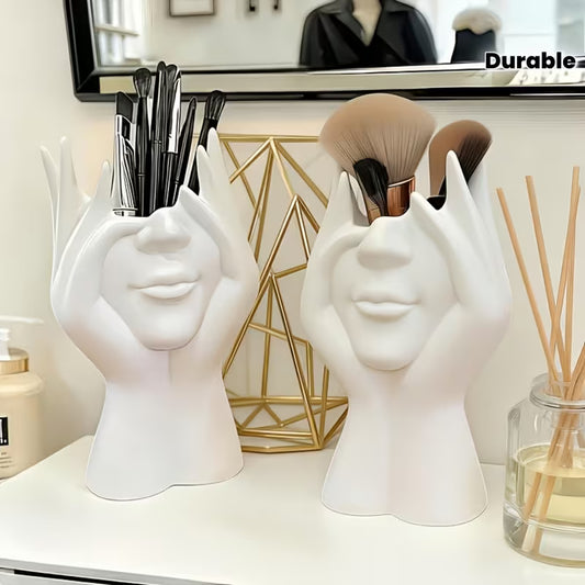Two-Color Hand-Shaped Face-Bow Holder & Vase - Durable Plastic Freestanding Storage Box with Hands-Holding Base, Suitable for Makeup Brushes, Pencils, Flowers Display, Modern Decor for Desk, Shelf, Table Decoration