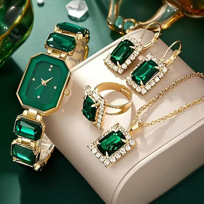 MSCXDK 5pcs Women's Watch & Jewelry Set - Square Quartz Watch with Matching Bracelet/Collar Necklace/Earrings/Ring, Multicolor Alloy Chain, Shockproof Stainless /Casual Elegant Analog Wristwatch for Daily Wear & Special Occasions,