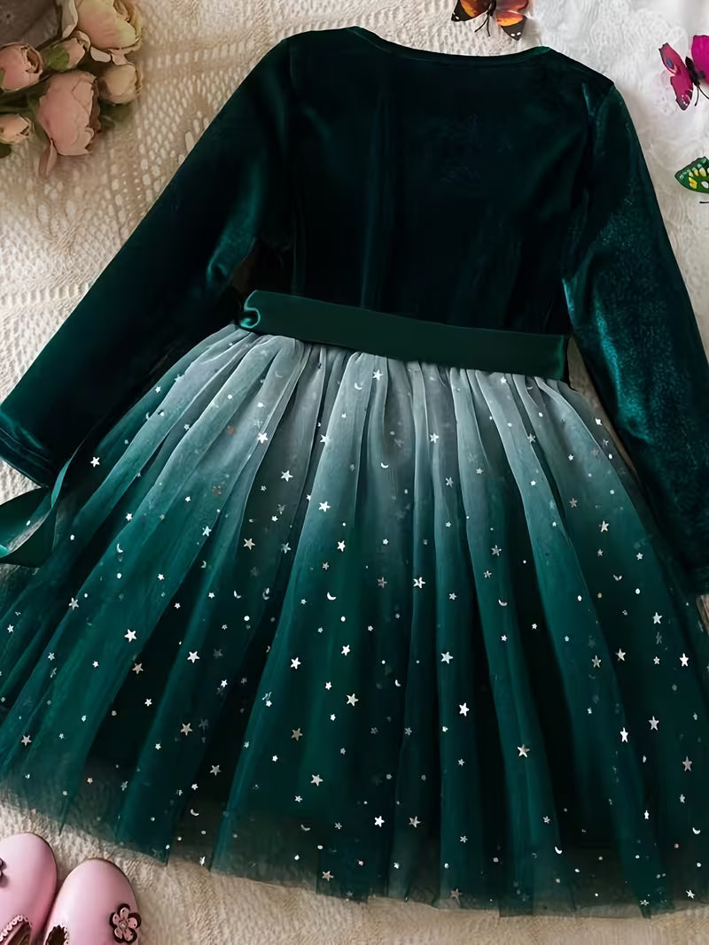 New Autumn And Winter Long-Sleeve Dress for Girls, Korean Style Star Gradient Tulle Princess Dress for Christmas