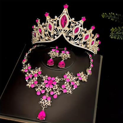 Three-Piece Bridal Crown Set Including a Tiara, Necklace, And Earrings, Perfect for Fairy-Tale Weddings, Photo Shoots, And Parties