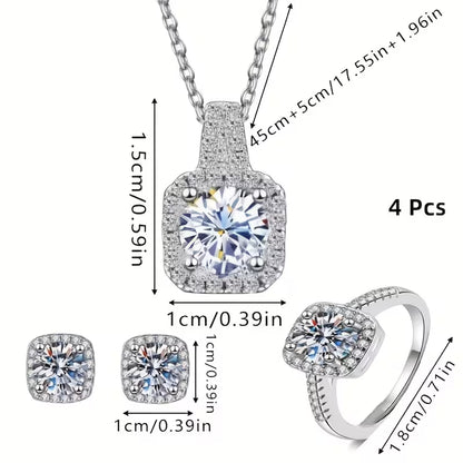 A Set of 4 Sparkling Cubic Zirconia Jewelry Pieces! This Combination Includes a Necklace Pendant, Ring, And Earrings, Showcasing Exquisite Cuts That Radiate Brilliance. It'S Stylish And Versatile, Perfect for Various Occasions