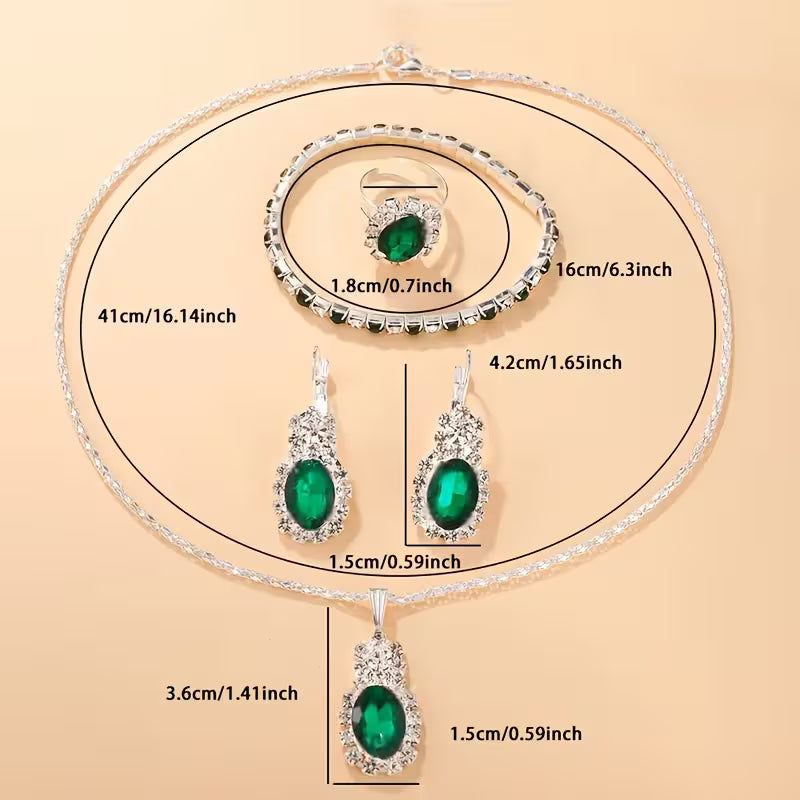 Vintage Luxury Women's Jewelry Set - 5pcs Green Oval Pendant Necklace, Ring, Earrings, and Bracelet - Elegant Fashion for Casual Attire or Gifting