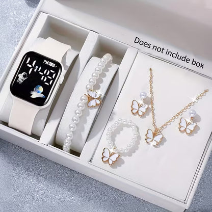 6Pcs Watches for Women Set Fashion Trend Exquisite Small White Silicone Electronic Watch Bracelet Necklace Ring Earrings Friends Birthday Gift Girlfriend Boyfriend Travel Vacation Graduation Season The Best Choice for Gifts