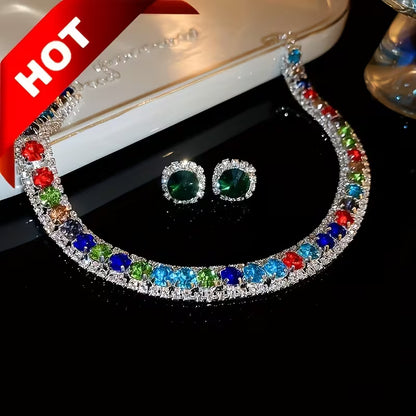 Luxury Green Necklace and Earrings Set, Sexy & Simple Style, Fashion Jewelry for Women, Elegant Evening Party Accessories Gifts for Eid
