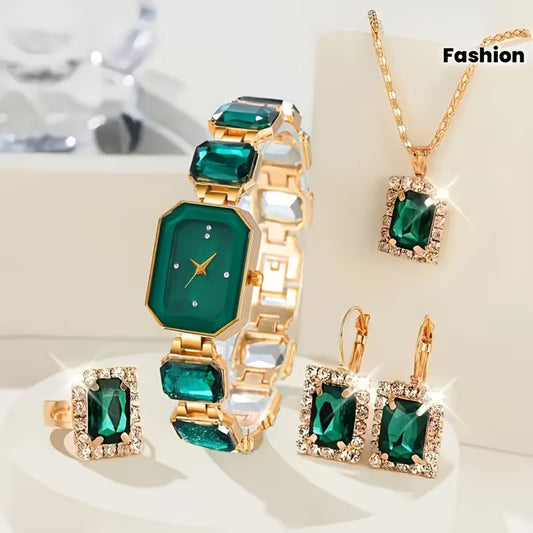 5pcs Women's Watch Set, Simple Fashion Light Luxury Elegant Versatile Square Multicolor Alloy Chain Watch with Rhinestone Square Jewelry Set, Suitable for Daily Decorative Wear