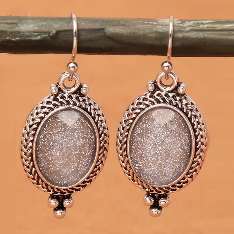 A Pair of Alloy Antique Silvery Plated Light Gray Oval Resin Earrings with Sparkle, Fashion Vintage Earrings