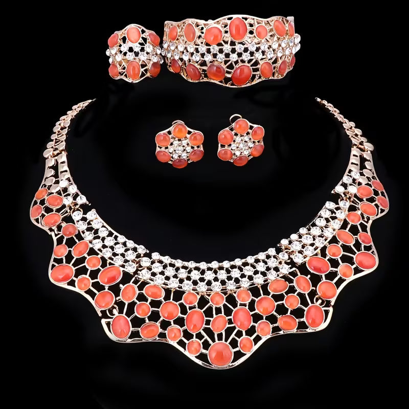 Elegant Jewelry Collection for Women Featuring Faux Cat'S Eye, Rhinestones, And a Golden Necklace, Earrings, Bangle, And Ring, Perfect for Banquets And Proms