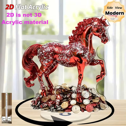 2D Flat, 2D Flat Rotating Red Horse Desktop Decoration- Sparkling Ornament, No Power Required, Suitable Home, Office, Party- Elegant Modern Interior, Desktop Decoration, 2D Flat
