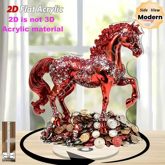 2D Flat, 2D Flat Rotating Red Horse Desktop Decoration- Sparkling Ornament, No Power Required, Suitable Home, Office, Party- Elegant Modern Interior, Desktop Decoration, 2D Flat
