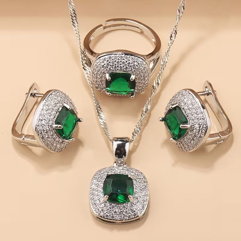 A Luxurious Jewelry Set Featuring Elegant And Classic Additions for Brides And Bridesmaids, Including High-Quality Cubic Zirconia Square Earrings, a Necklace, a Pendant, And an Adjustable Ring