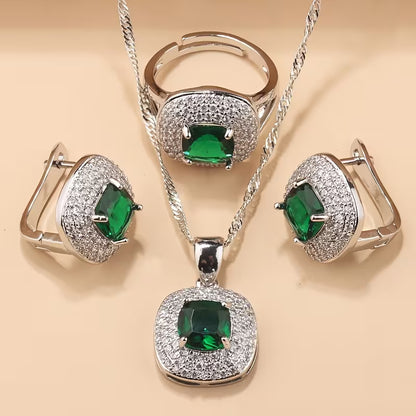 A Luxurious Jewelry Set Featuring Elegant And Classic Additions for Brides And Bridesmaids, Including High-Quality Cubic Zirconia Square Earrings, a Necklace, a Pendant, And an Adjustable Ring