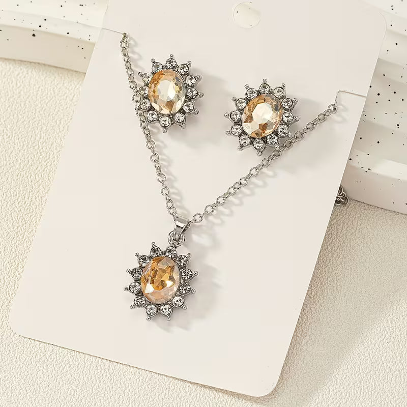 1 Set of Cross-border Hot-selling Jewelry, Popular 2pcs Set Synthetic Gemstone Earrings and Necklace for Women, Suitable for Daily Wear