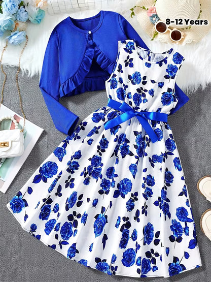 A Sweet Two-Piece Dress Set for Girls Featuring a Fresh Floral Print And Ruffled Hem, Perfect for Vacations And Travel, for Outdoor