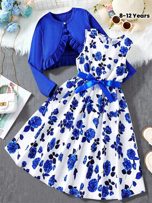 A Sweet Two-Piece Dress Set for Girls Featuring a Fresh Floral Print And Ruffled Hem, Perfect for Vacations And Travel, for Outdoor