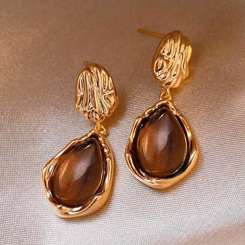 2pcs Vintage Elegant Lightweight Teardrop Resin Ladies' Earrings | 14K Golden Plated Zinc Alloy, Suitable for Daily and Party Occasions