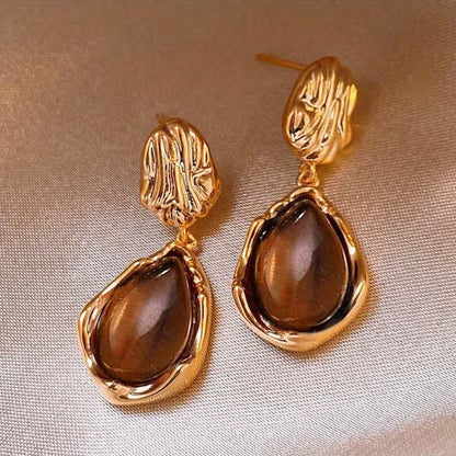 2pcs Vintage Elegant Lightweight Teardrop Resin Ladies' Earrings | 14K Golden Plated Zinc Alloy, Suitable for Daily and Party Occasions