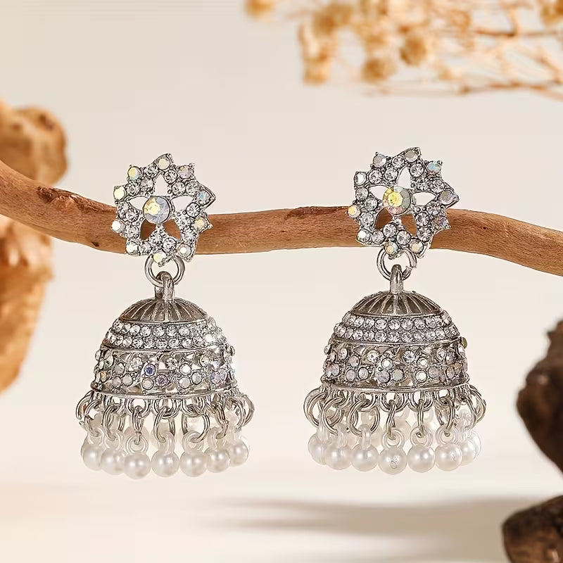 1 Pair Indian Bohemian Rhinestone & Drop Earrings with Jhumka Bells, KC Golden-Plated Wedding Party Jewelry, Green Accent Tassel Dangle Earrings for Women, Year-Round Wear (Gift Box) - Sensitive Beige