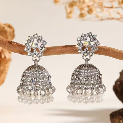 1 Pair Indian Bohemian Rhinestone & Drop Earrings with Jhumka Bells, KC Golden-Plated Wedding Party Jewelry, Green Accent Tassel Dangle Earrings for Women, Year-Round Wear (Gift Box) - Sensitive Beige