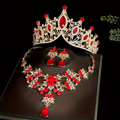 Three-Piece Bridal Crown Set Including a Tiara, Necklace, And Earrings, Perfect for Fairy-Tale Weddings, Photo Shoots, And Parties