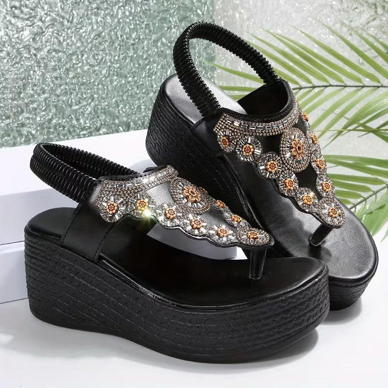 Fashionable Hit! Rhinestone-embellished "Black Platform Thong Sandals," Stunning and Eye-catching, Women Shoes
