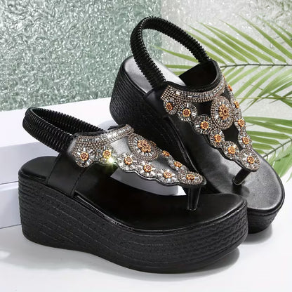 Fashionable Hit! Rhinestone-embellished "Black Platform Thong Sandals," Stunning and Eye-catching, Women Shoes