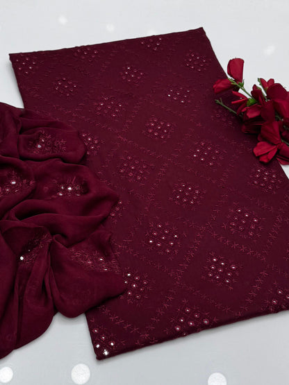 GTM Lawn Embroided  Shesha Work Shirt Wd Plane Trouser Along With Embroided Chiffon Dupatta 3 Pcs Dress