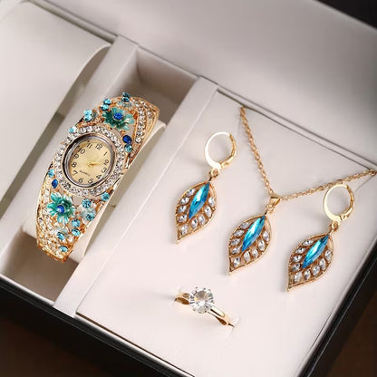 5pcs Women's Luxury Quartz Watch & Jewelry Set with, Round Wrist Watch, Necklace & Bracelet - Elegant Zinc Alloy Case/, Matching Accessory Set for Birthdays, Valentine's Day Gifts for Her, Casual Attire