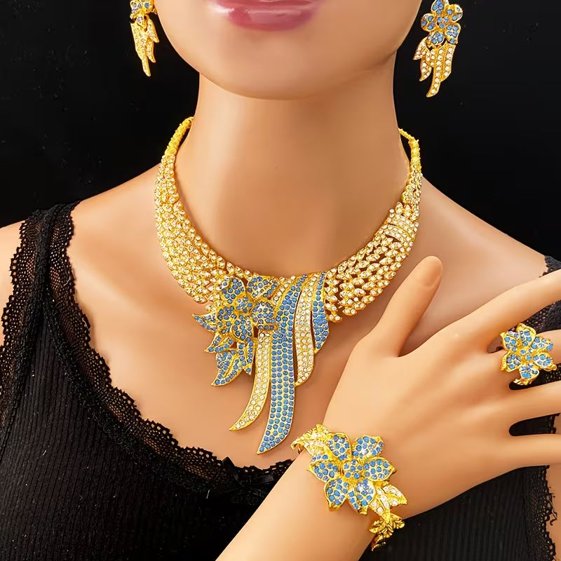 5pcs Women's Jewelry Set Elegant Floral & Leaf Multicolor Sparkling Necklace, Earrings, Bracelet & Adjustable Ring for Wedding, Party, Valentine's Gift - Year-Round Wearable for Special Occasions, Complete Matching Set