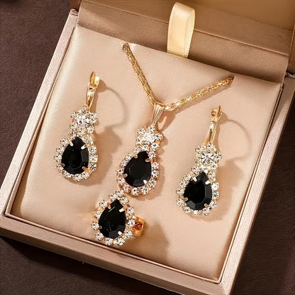 Colorful Water Drop 4pcs Jewelry Set! Made of Stainless Steel Rhinestones, This Necklace, Earring, and Ring Combination Is Perfect for Holiday Gifts