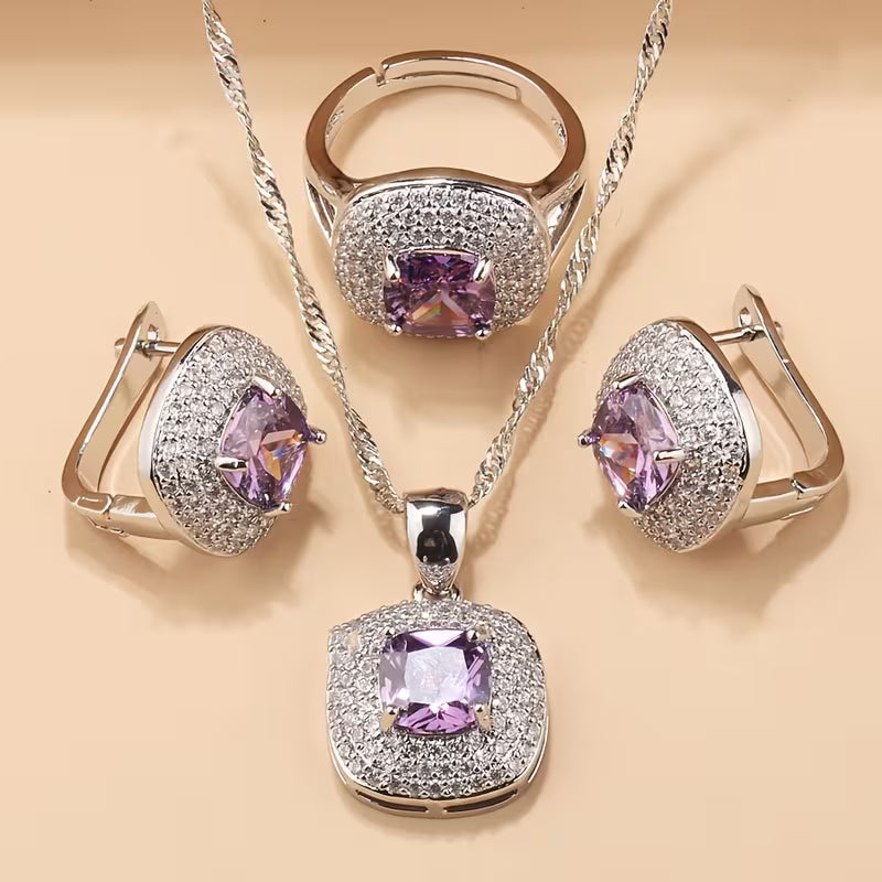 A Luxurious Jewelry Set Featuring Elegant And Classic Additions for Brides And Bridesmaids, Including High-Quality Cubic Zirconia Square Earrings, a Necklace, a Pendant, And an Adjustable Ring