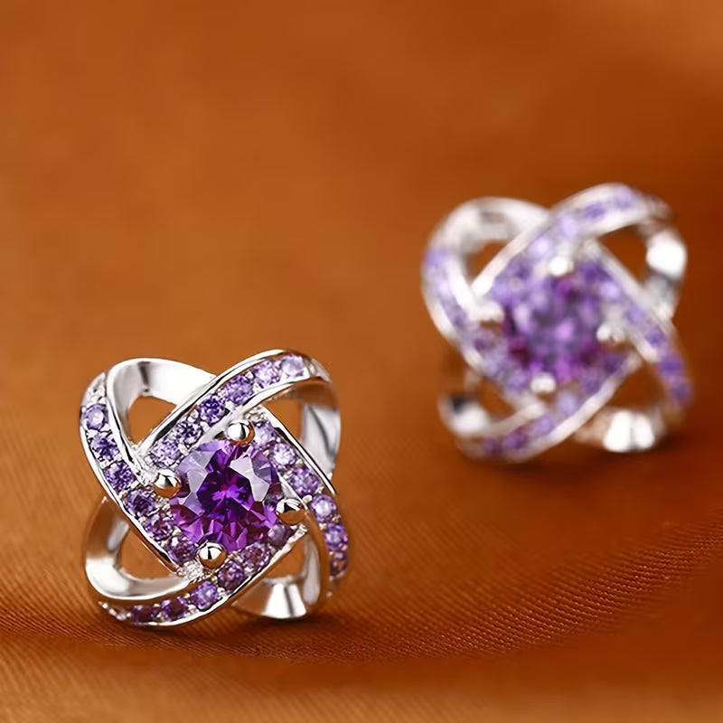 Elegant Vintage-Inspired Purple Rhinestone Four-Leaf Clover Stud Earrings for Women - Zinc Alloy, Perfect for Casual Attire
