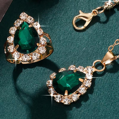 5pcs Elegant Green Rhinestone Jewelry Set for Women - Sparkling Rhinestone Studded Matching Necklace, Earrings, Bracelet & Ring, Year-Round Wear for Daily & Party, Perfect,, Weddings ( Beauty, No