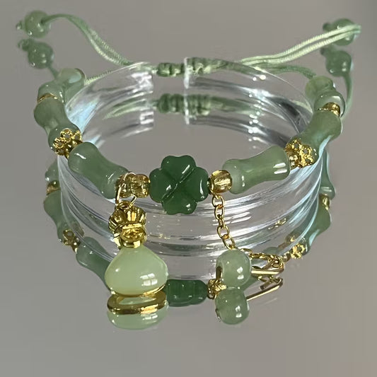 1pc Lucky Four-Leaf Clover Coin Purse Bracelet - Green Beads & Lucky Elements, Resin Glass Texture, Tribal Style, Perfect Mother'S Day Gift, Daily Wear, Party Occasion