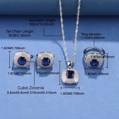 A Newly Designed Square Zirconia Fashion Jewelry Set for Women, Including Earrings, a Necklace with a Pendant, a Bracelet, And an Adjustable Ring Suitable for Various Occasions