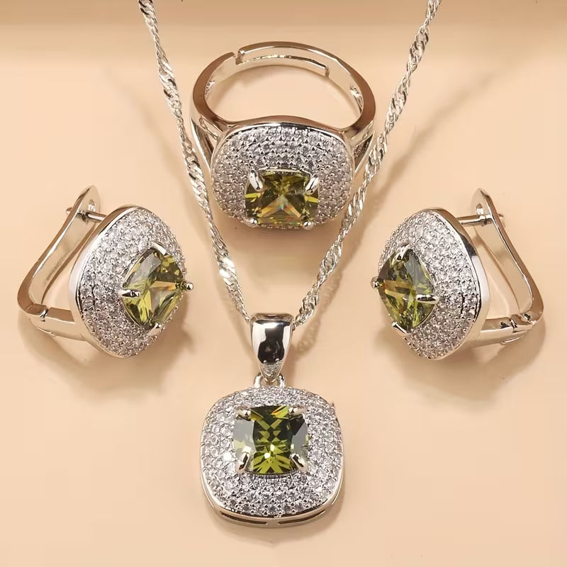 A Luxurious Jewelry Set Featuring Elegant And Classic Additions for Brides And Bridesmaids, Including High-Quality Cubic Zirconia Square Earrings, a Necklace, a Pendant, And an Adjustable Ring