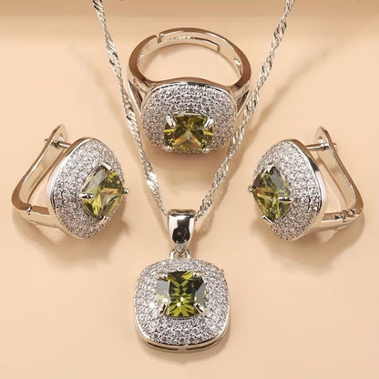 A Luxurious Jewelry Set Featuring Elegant And Classic Additions for Brides And Bridesmaids, Including High-Quality Cubic Zirconia Square Earrings, a Necklace, a Pendant, And an Adjustable Ring