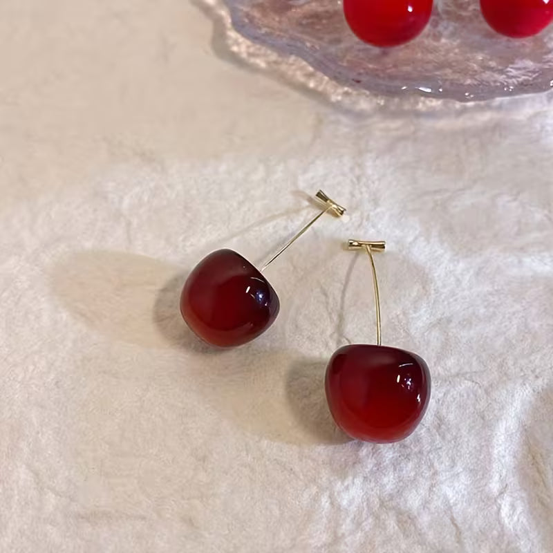 Elegant Burgundy Long Cherry Earrings for Women - Chic Resin & Alloy Fashion Accessory