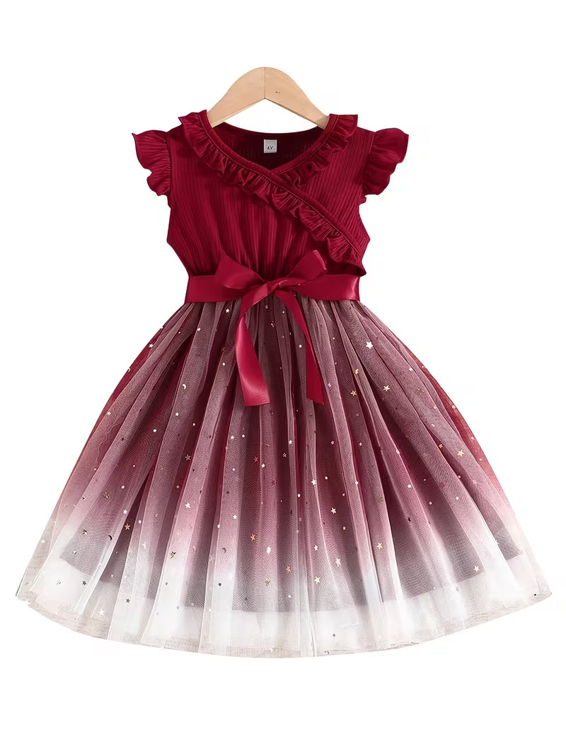 A Vintage Elegant Starry Sky Sequined Mesh Ruffled Lace Hem Princess Dress with a Belt, Perfect for Christmas, Valentine'S Day Gifts, Holiday Parties, Gatherings, Birthdays, Evening Events, Or Everyday Wear