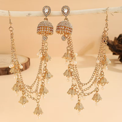 A Stylish Jhumka Set Featuring Detachable Glamorous Rhinestone Earrings with Bell And Faux Pearl Tassels, This Jewelry Ensemble Includes Four Interchangeable Long Chain Indian Additions, Perfect for Women to Wear on a Daily Basis, During Festivals
